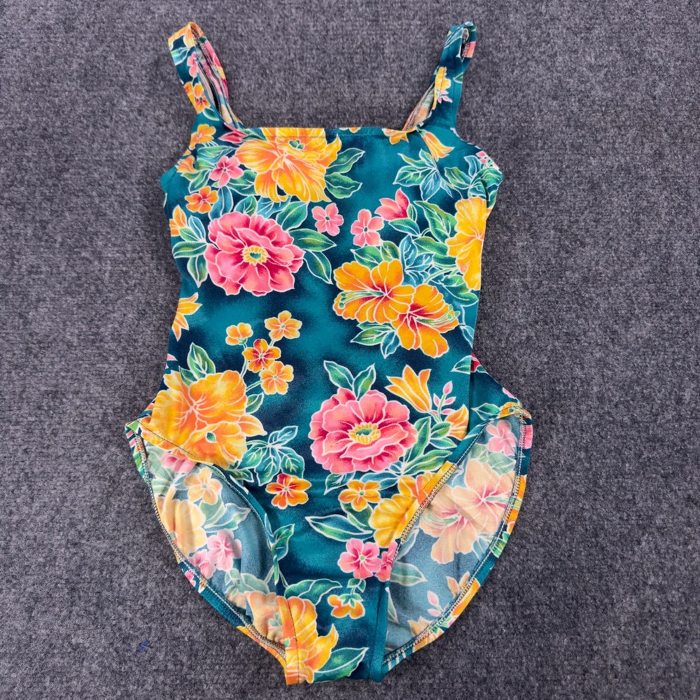 Vintage Jantzen Womens Floral One Piece Swimsuit Teal Tropical Made in USA 10